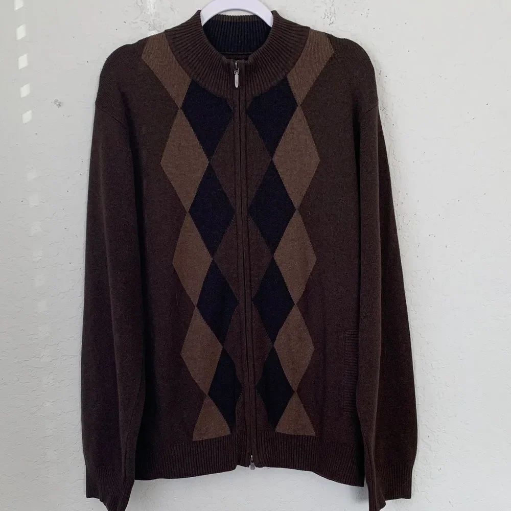 Consensus Men's Cotton Knit Brown Argyle Sweater Size XXL